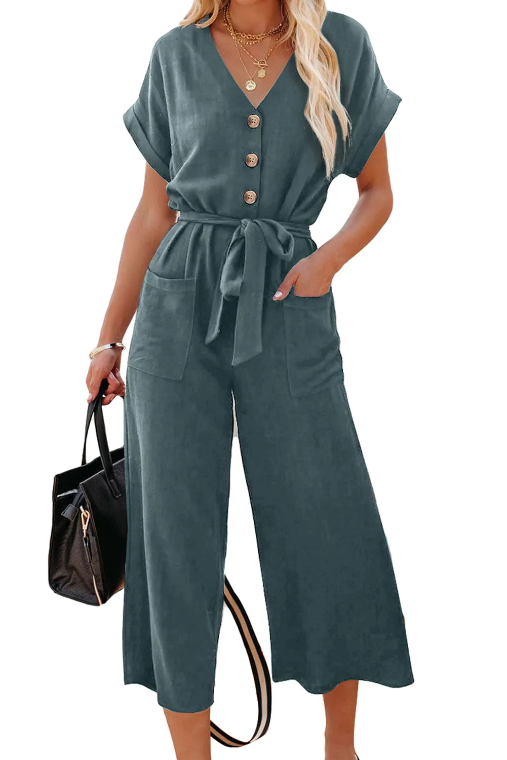 Women's Casual Long Pants Romper V Neck Pocketed Jumpsuit