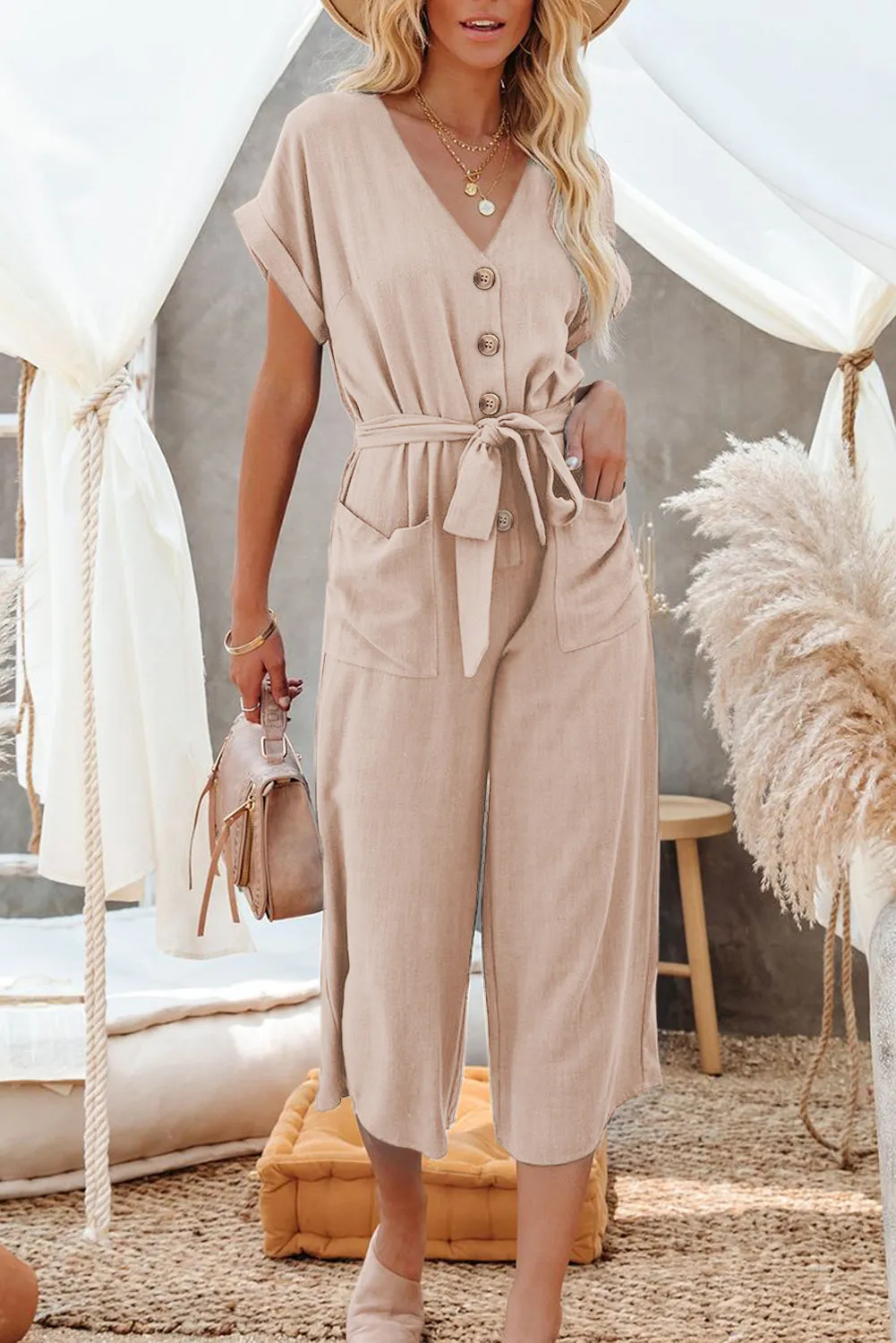 Women's Casual Long Pants Romper V Neck Pocketed Jumpsuit