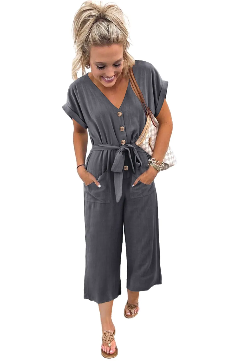 Women's Casual Long Pants Romper V Neck Pocketed Jumpsuit