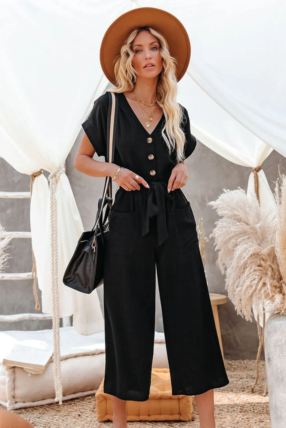 Women's Casual Long Pants Romper V Neck Pocketed Jumpsuit