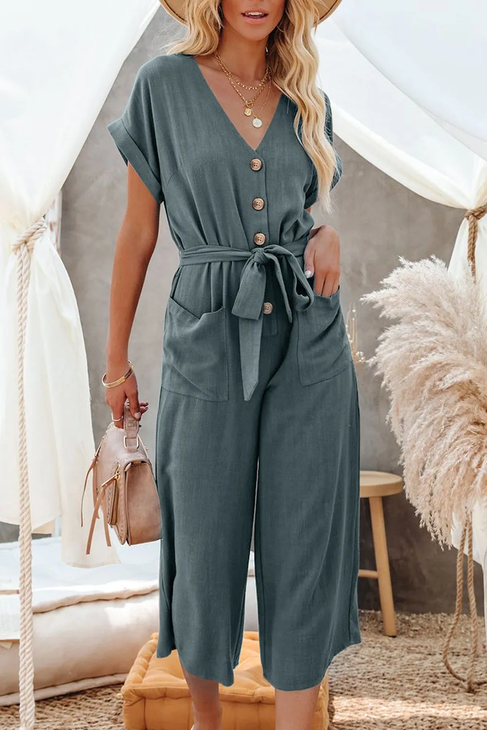 Women's Casual Long Pants Romper V Neck Pocketed Jumpsuit