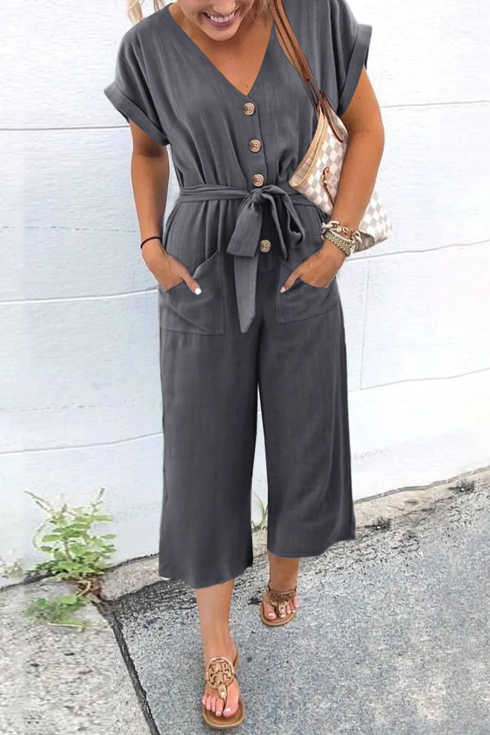 Women's Casual Long Pants Romper V Neck Pocketed Jumpsuit