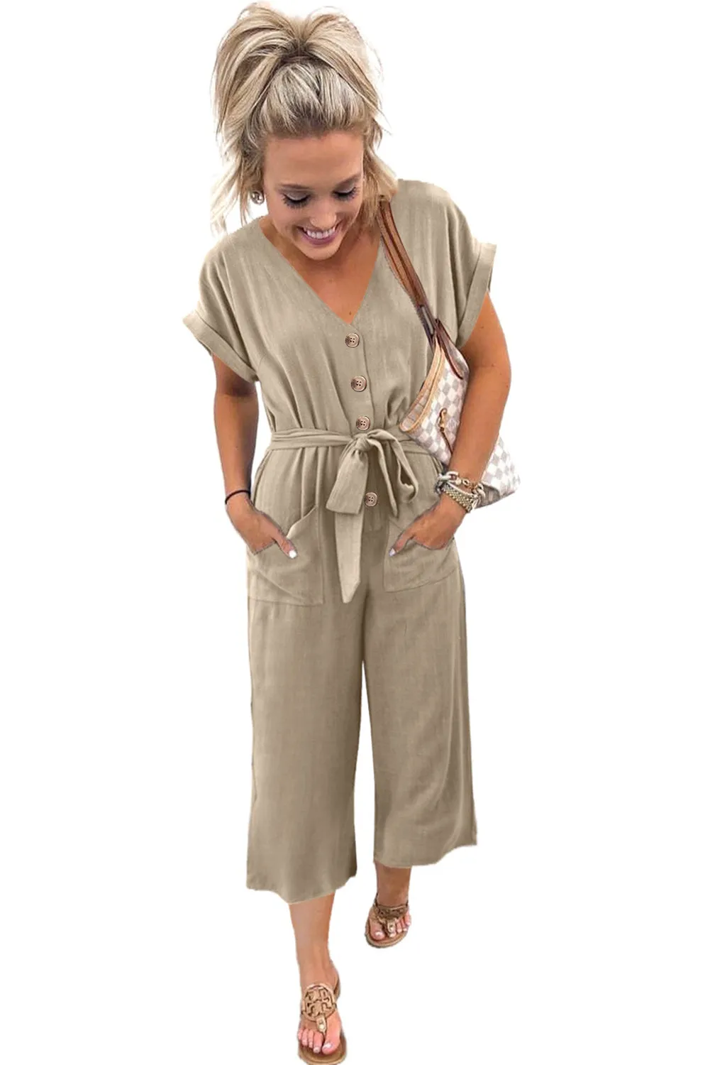 Women's Casual Long Pants Romper V Neck Pocketed Jumpsuit