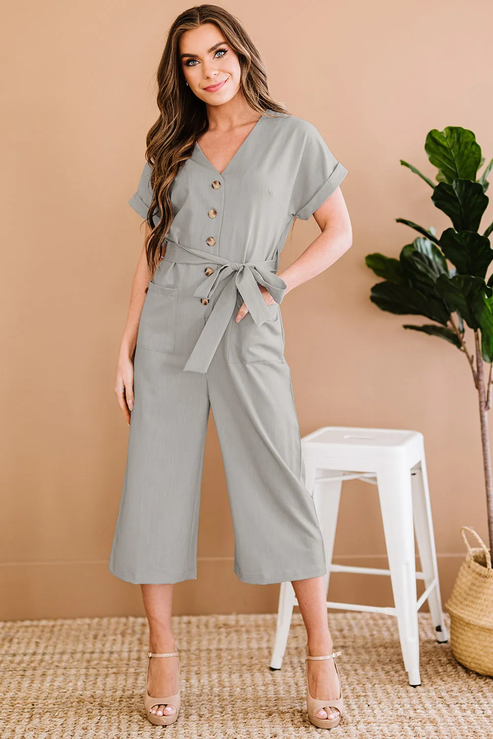 Women's Casual Long Pants Romper V Neck Pocketed Jumpsuit