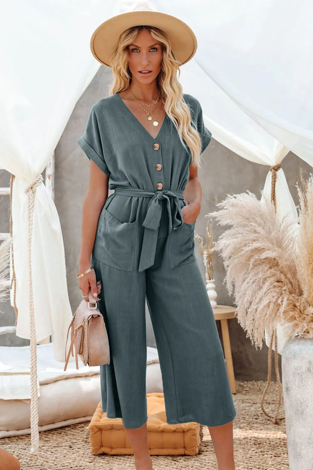 Women's Casual Long Pants Romper V Neck Pocketed Jumpsuit