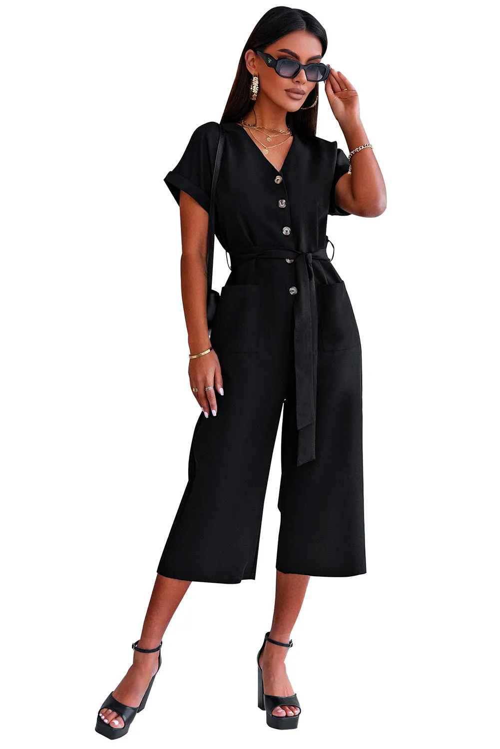 Women's Casual Long Pants Romper V Neck Pocketed Jumpsuit