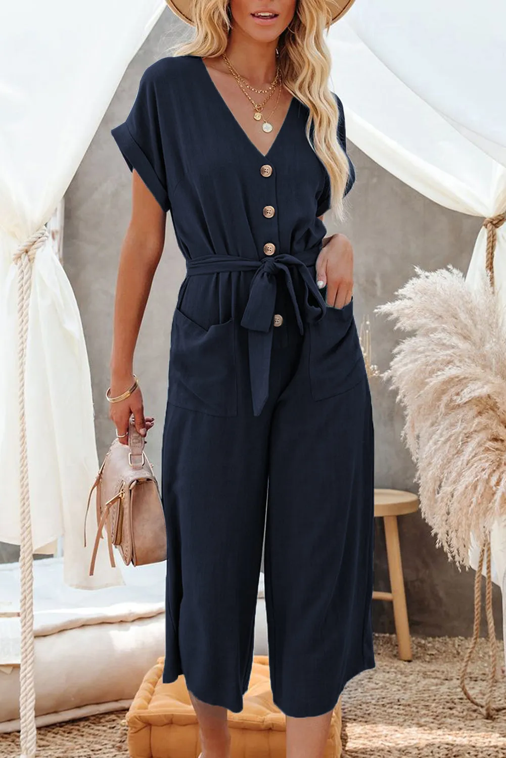 Women's Casual Long Pants Romper V Neck Pocketed Jumpsuit