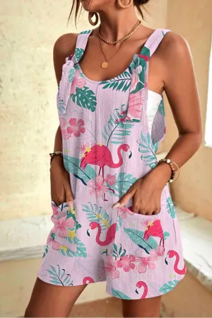 Women's Flamingo Leaf Flower Print Casual Rompers with Pockets