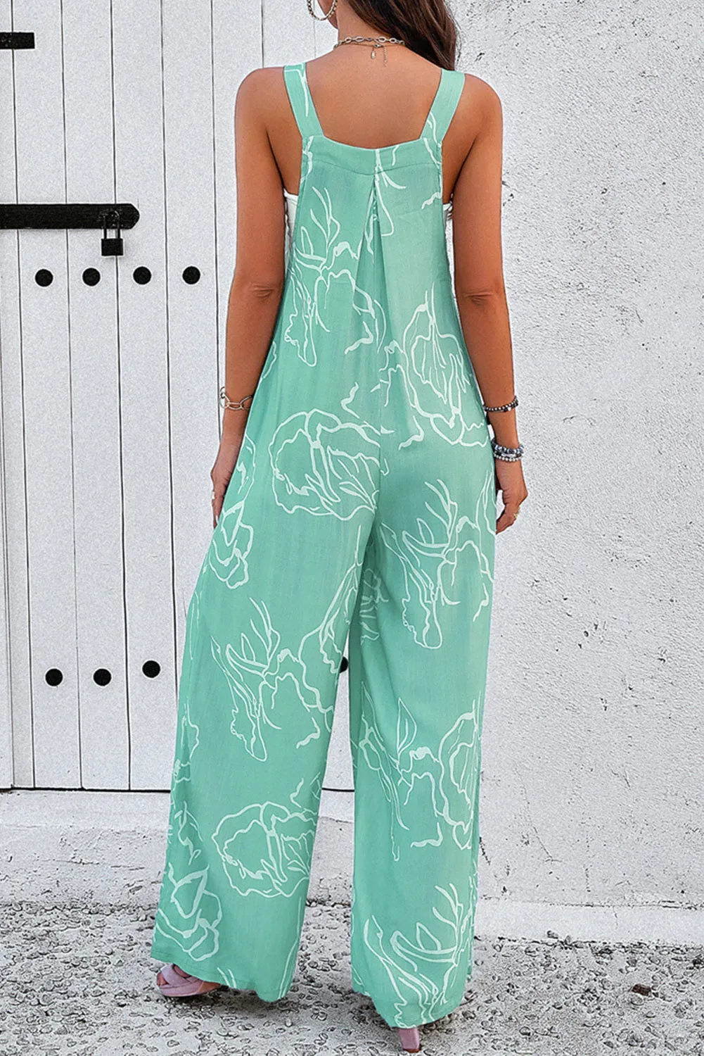 Women's Moonlight Jade Abstract Printed Wide Leg Bib Overalls