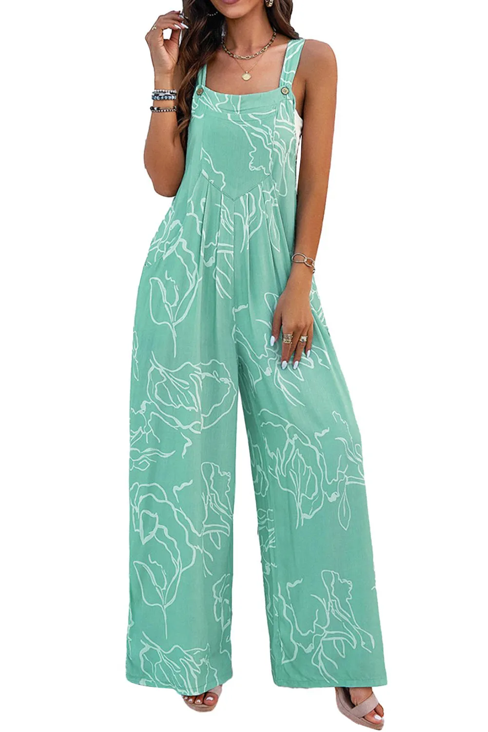 Women's Moonlight Jade Abstract Printed Wide Leg Bib Overalls