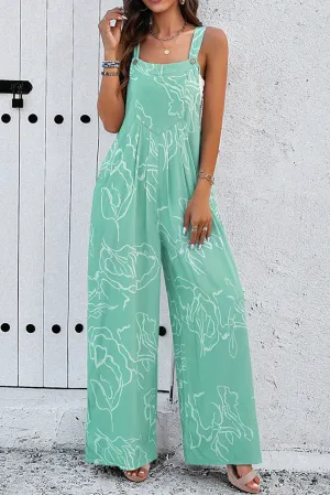 Women's Moonlight Jade Abstract Printed Wide Leg Bib Overalls