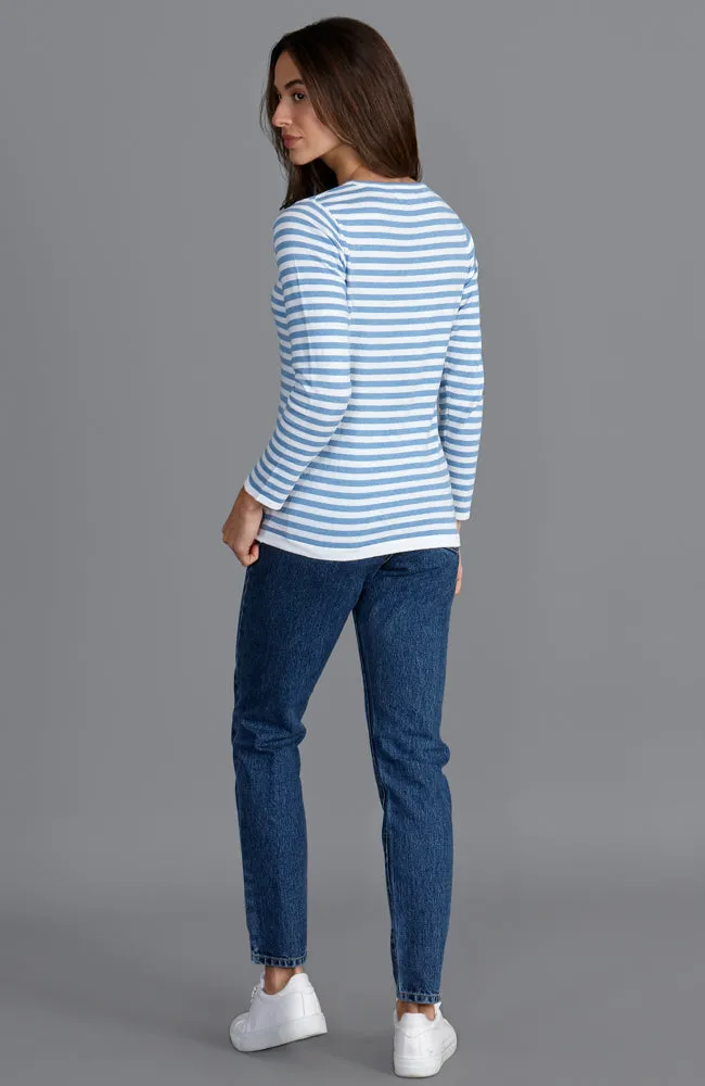 Womens Ultra Fine Cotton Round Neck Breton Stripe Jumper