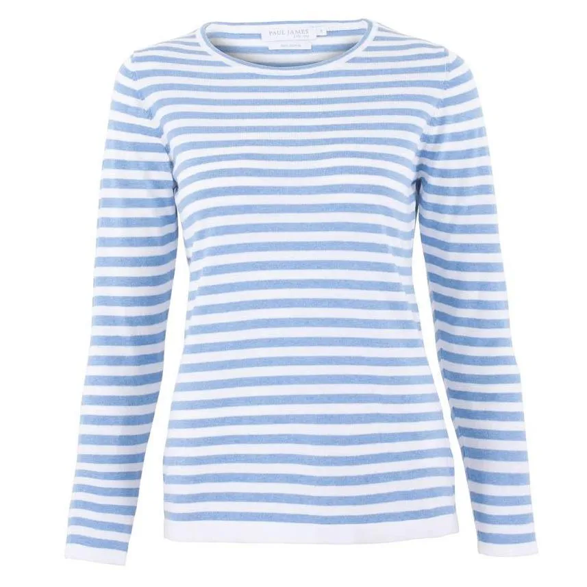 Womens Ultra Fine Cotton Round Neck Breton Stripe Jumper