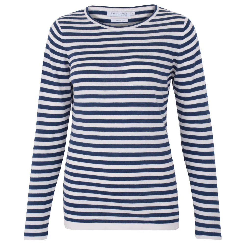 Womens Ultra Fine Cotton Round Neck Breton Stripe Jumper